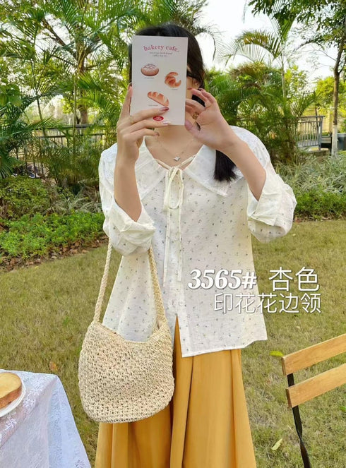 Floral Print Lace Pinter Pan Collar Long Sleeves Korean Tops